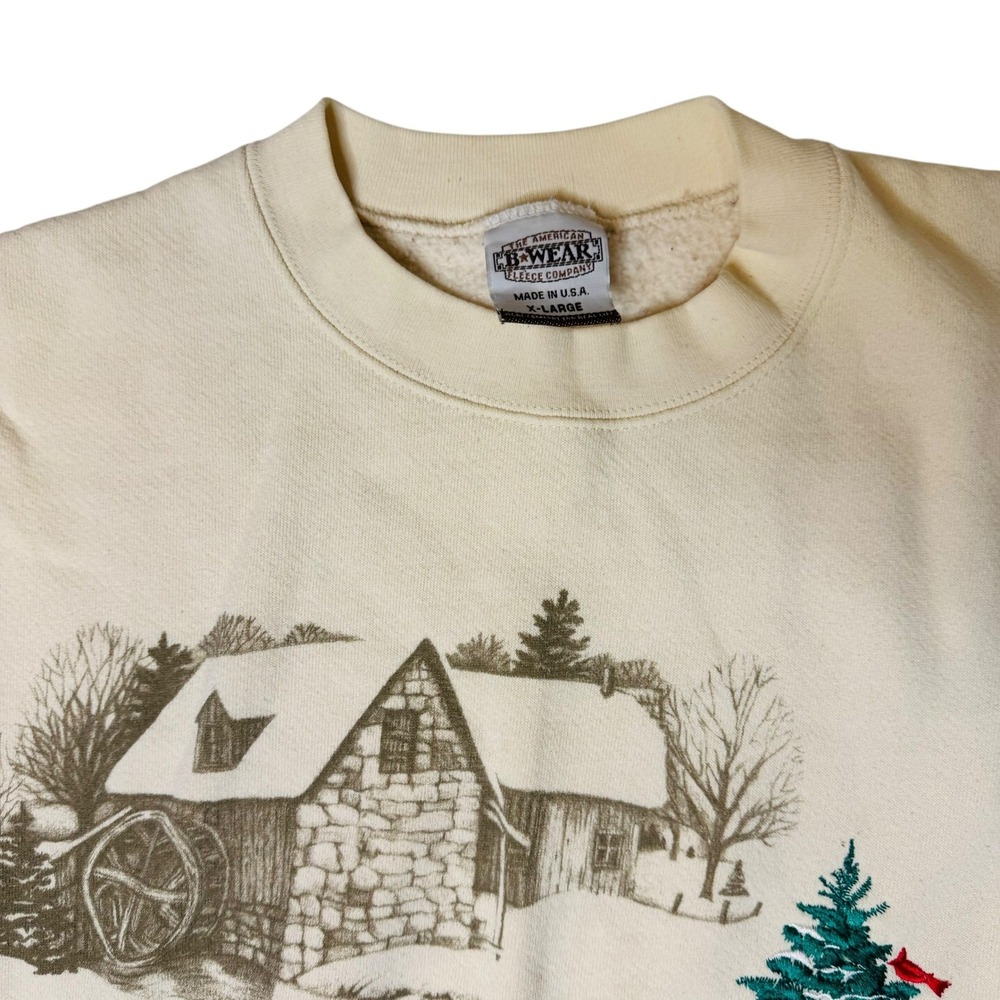 Vtg American B-Wear Fleece Embroidered Cabin Winter Country Christmas‎ Tree XL - Picture 2 of 6
